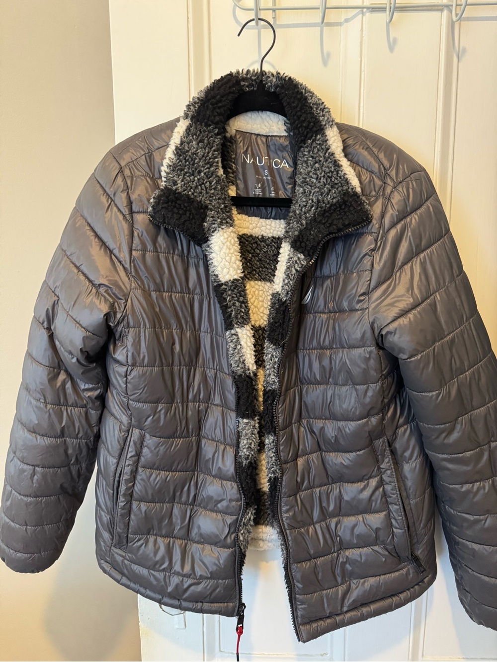Nautica Dark Gray Quilted Puffer Jacket with Black & White Sherpa Trim